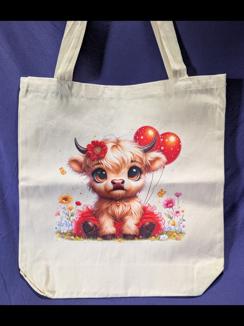 Cute Highland Calf Canvas Tote with Red Balloons